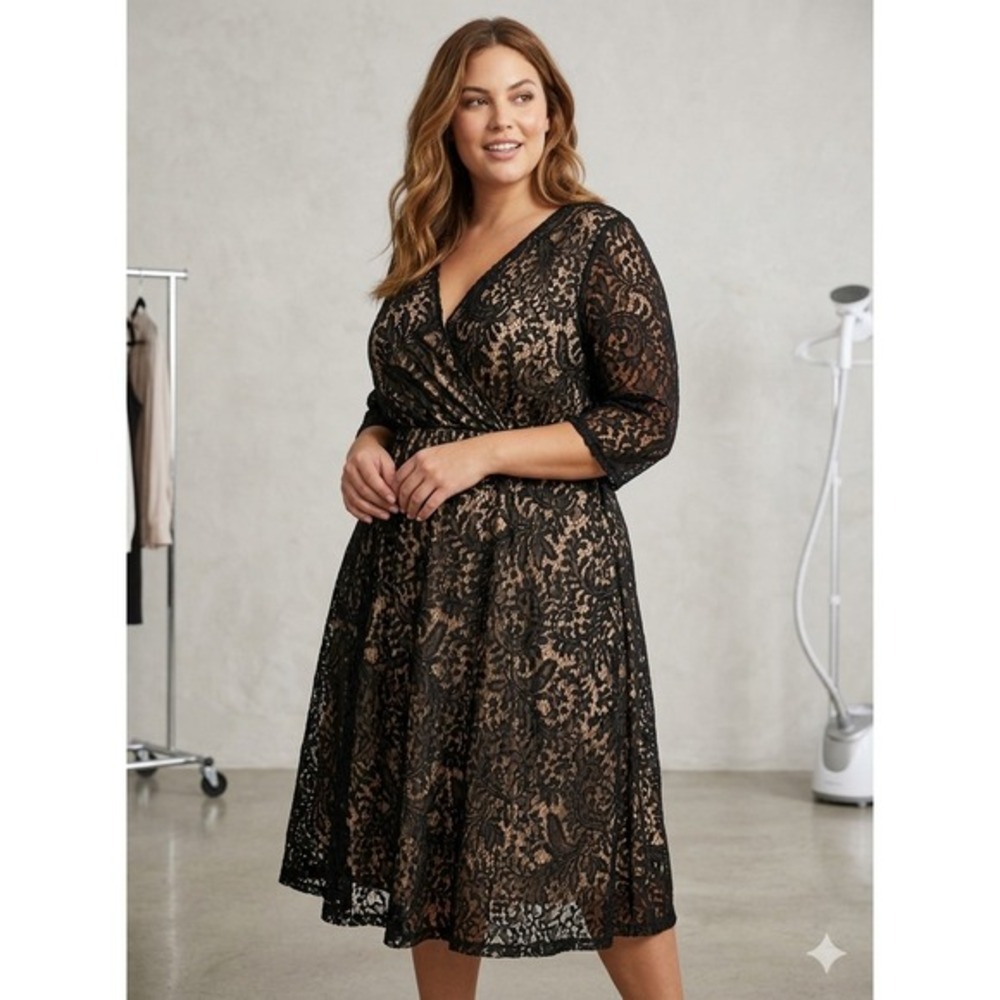 Lane Bryant Black Floral Lace Fit & Flare Dress Plus Size 26 3/4‎ Sleeve